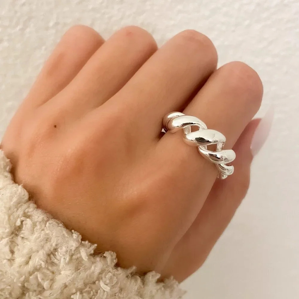 925 Sterling Silver Chunky Twist Ring Band Croissant Ring Statement Ring